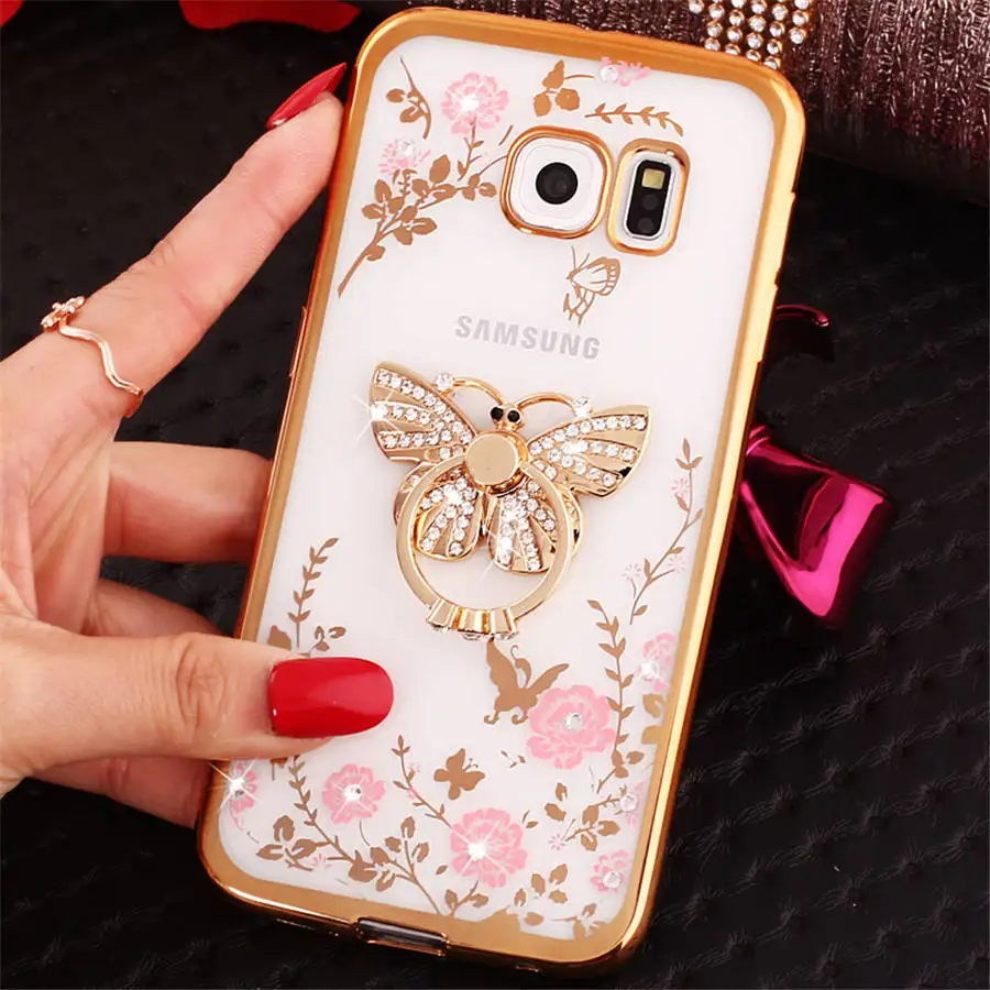 Роскошные Стразы блестящая держатель чехол для телефона для samsung Galaxy S4 S5 S6 край S7 край S8 S9 плюс S10 Note 8 9, со стразами и украшением в виде цветов Чехол - Цвет: Gold Butterfly