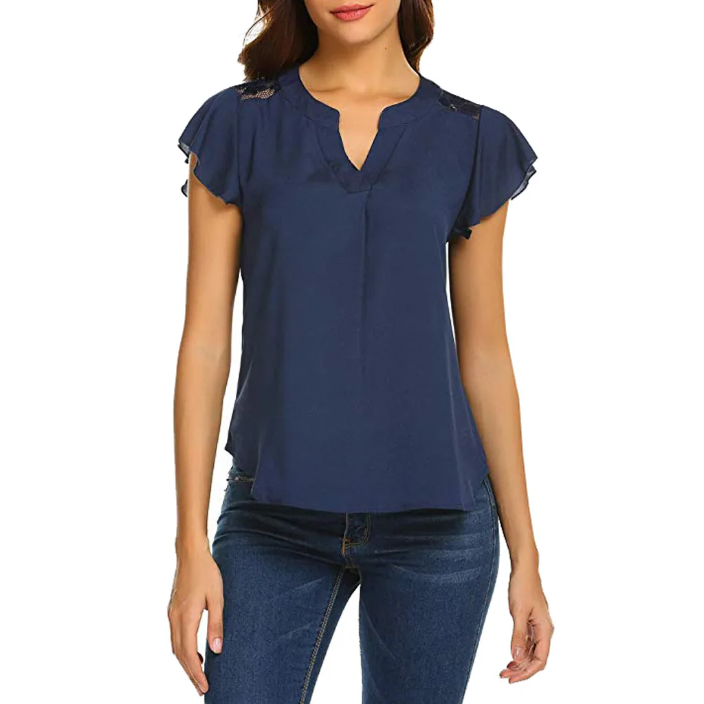 2019 летняя шифоновая блузка с оборками Кружевная туника рубашка модные