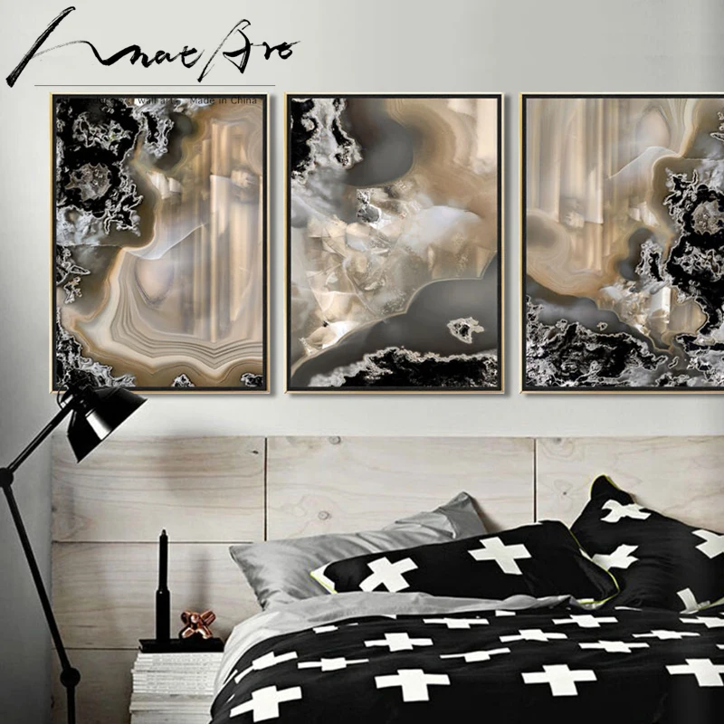 Абстрактная живопись холст картины для гостиной коричневая мраморная 3 шт.
