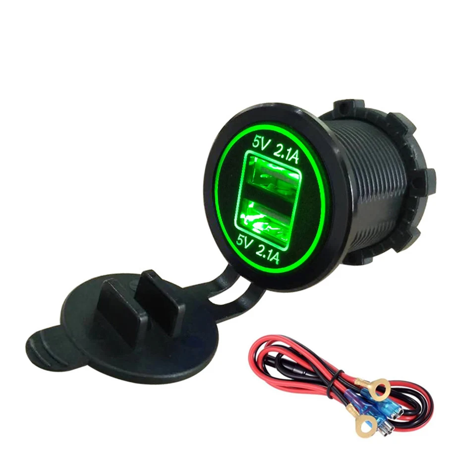 Green with cable Универсальный автомобильный прикуриватель Зарядное устройство usb-устройство для DC12V-32V Водонепроницаемый Dual USB Зарядное устройство 2 Порты Мощность разъем 5В 2.1A/2.1A - Название цвета: Green with cable