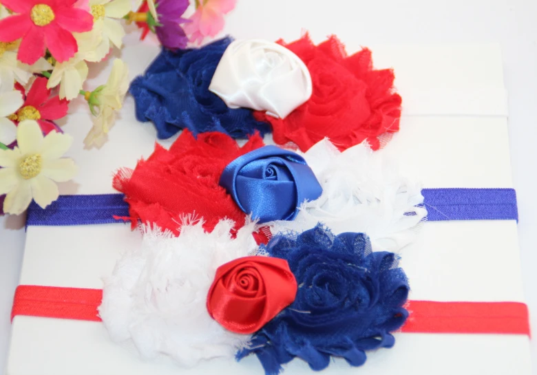 

5pcs/lot 4th of July America Patriotic Red White Blue Shabby Rosette Flower Print FOE Elastic Kids Headbands Free Shipping