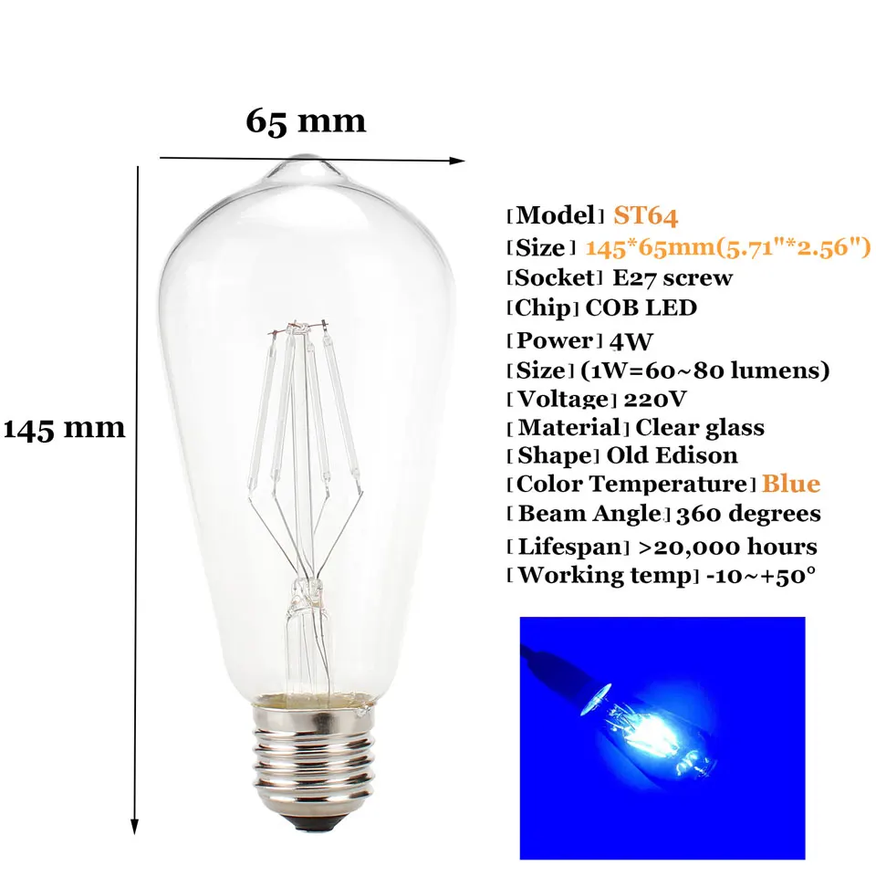 Светодиодная лампа накаливания Эдисона ST64 COB E27 4 Вт 220 В|bulb lamp e27|led bulb e27led edison |