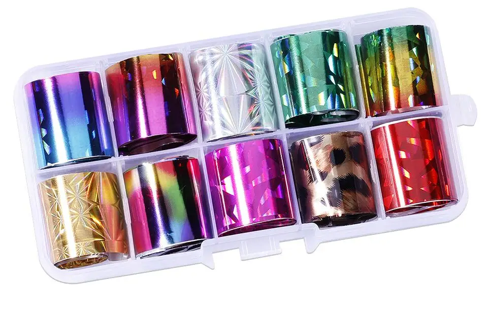 Set F 10 шт./компл. 2,5*100 см Лазерная Голография Звездное/цветы ногтевое искусство, Переводные фольги 10 Цвета блеск Стикеры нейл-арта переводная Фольга-пленка для Стикеры - Цвет: Set F