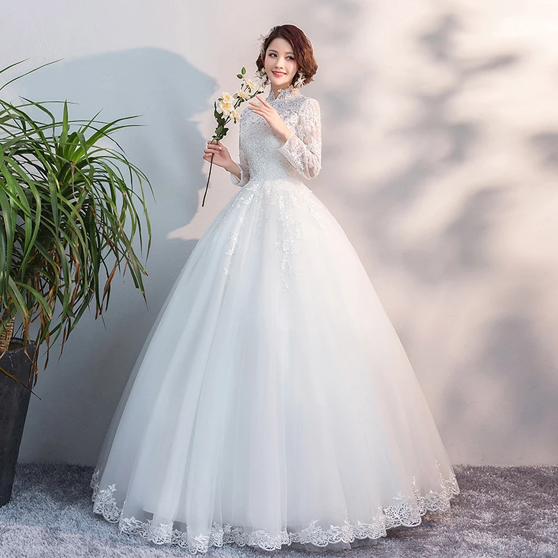 Белое Красное Кружевное мусульманское свадебное платье с длинным рукавом