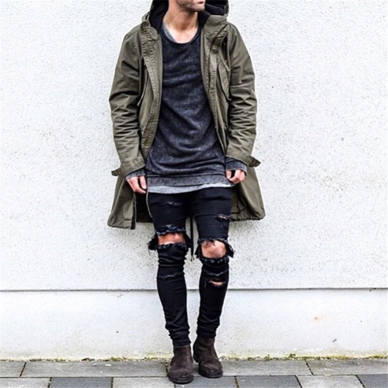 Мужские черные рваные джинсы потертые зауженные для бега уличные модные до колен