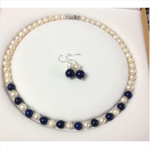 

Свадебное женское ожерелье из белого пресноводного жемчуга, размер AA 18 дюймов, 9-10 мм, серьги из лазурита, натуральный жемчуг, ручная работа