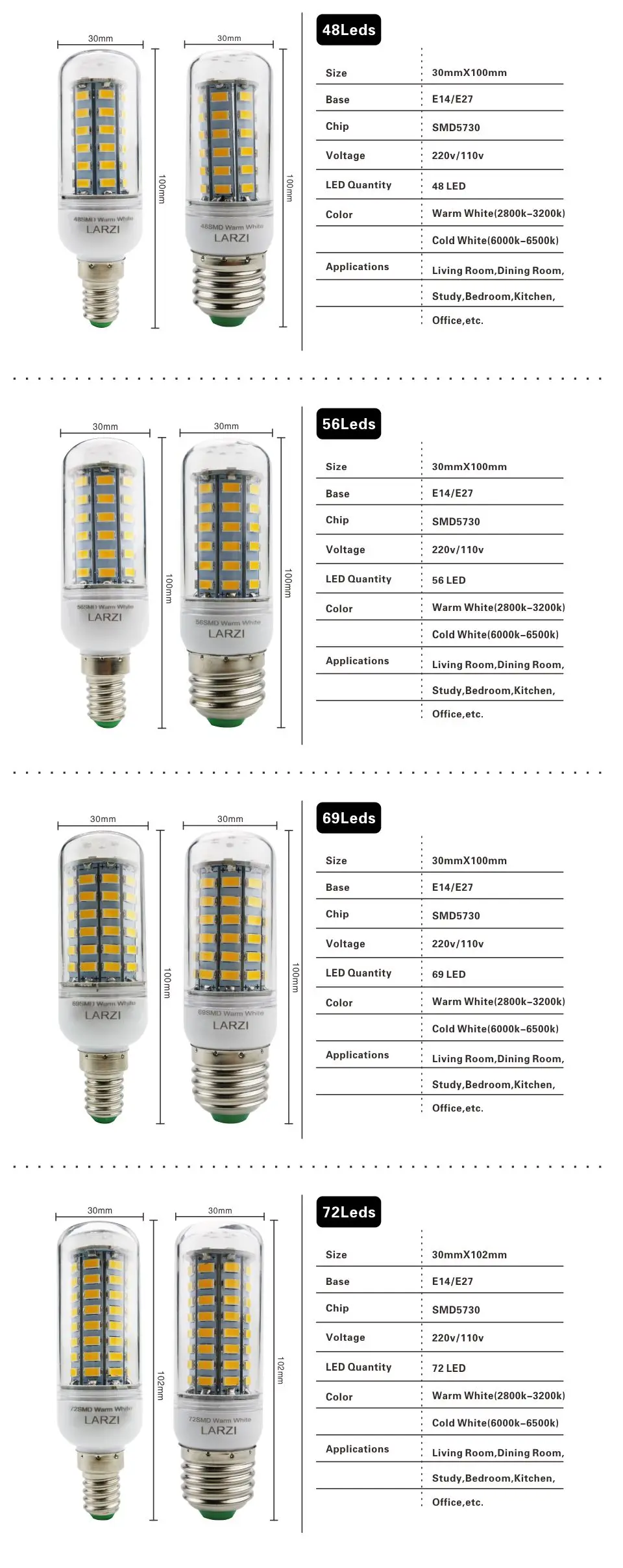 LARZI AC 220V E27 E14 светодиодный светильник 5730SMD светодиодный свет кукурузы светодиодный лампы 24 36 48 56 69 72 светодиодный s люстры свечи освещение украшение дома