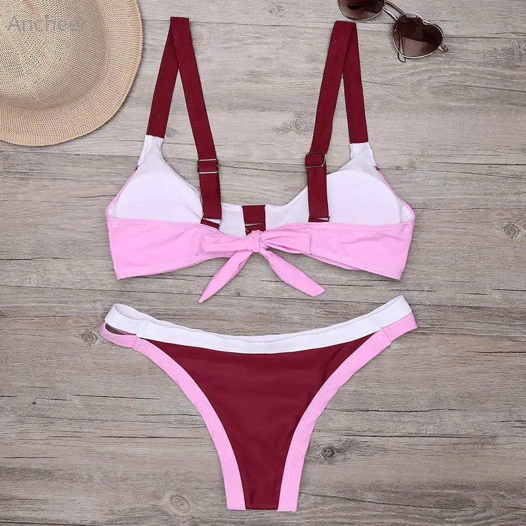 Женский раздельный купальник с галстуком бабочкой и контрастным вырезом