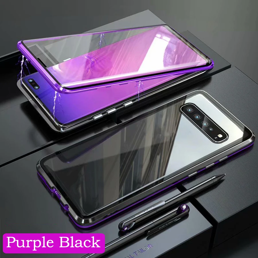 Purple Black Роскошный магнитный металлический чехол S10plus для samsung S10 5G S9 S8 Plus Note 9 8 S10e Передняя Задняя 360 стеклянная Защитная крышка - Color: Purple Black