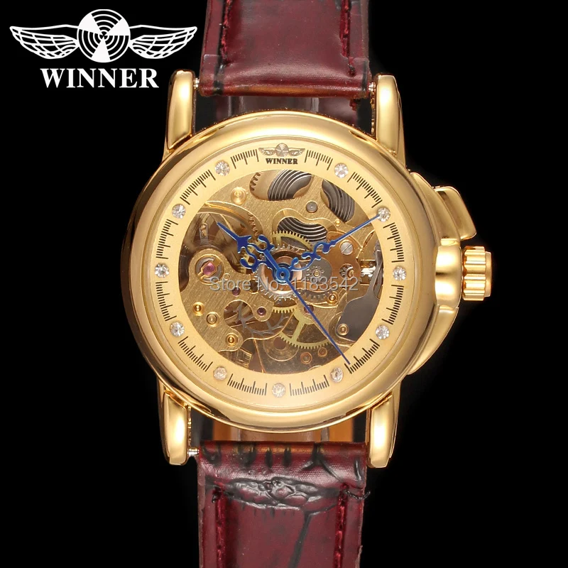 Relojes mujer WINNER автоматические часы для женщин фирменный дизайн с золотым цветным циферблатом темно-красный кожаный WRL8011M3G2
