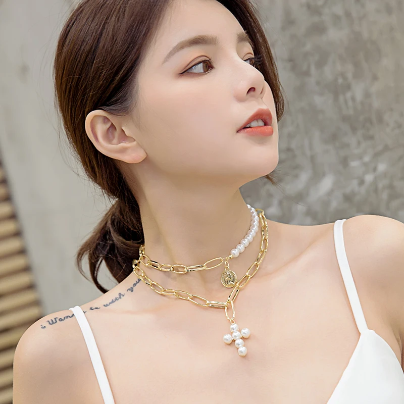 2019 new retro pearl cross necklace chain queen coin pendant personality short | Украшения и аксессуары