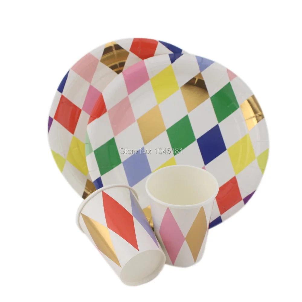 

32 set Harlequin Design Paper Plates Paper Cups More Bright Color Gold Disposable Tableware for Event Party Christmas Supplies