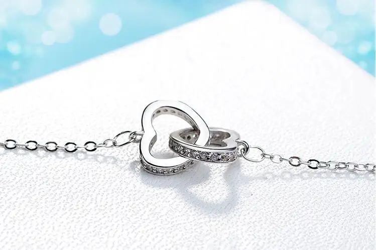 

Lovers' Double Heart Circle Pendant Necklace Silver Plated Trendy Necklace Zircon Jewelry Accessory for Women Girls Gift