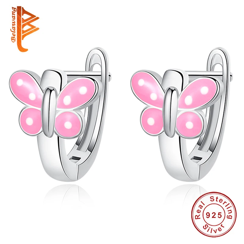 

BELAWANG 925 Sterling Silver Animal butterfly Earrings For Child Pink Enamel Small Silver Stud Earrings Fashion Jewelry Gift