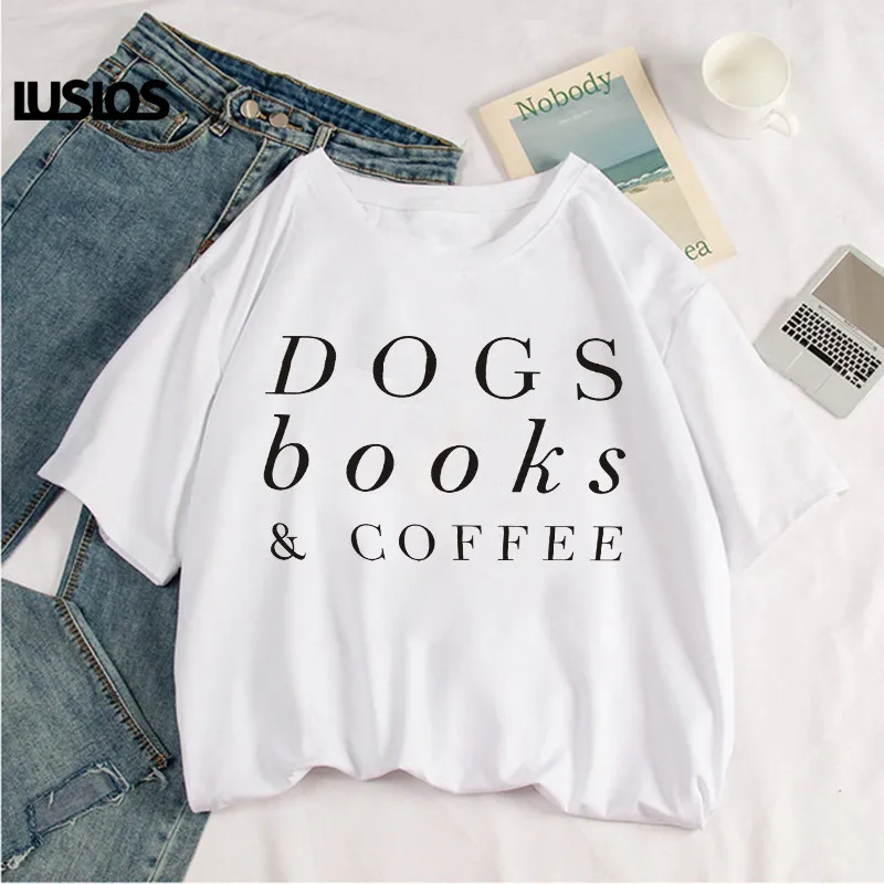 Футболка LUSLOS с принтом собаки книги и кофе для влюбленных летняя коротким