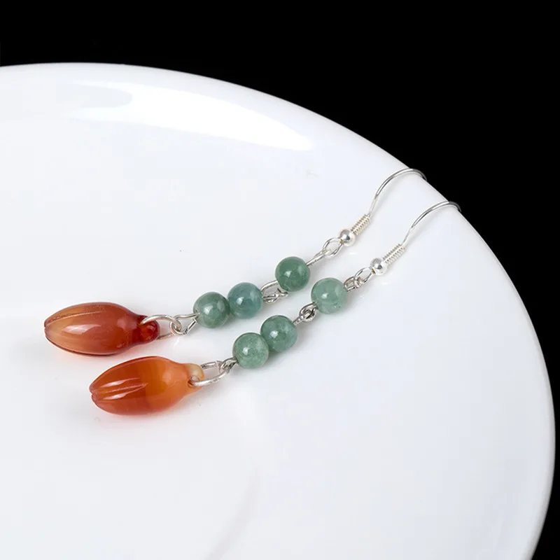 Женские серьги без угли,, настоящее серебряные бусины 925 пробы, летнее платье, этнические, магнолия, нефрит, цветочные серьги, изумруд, Brinco