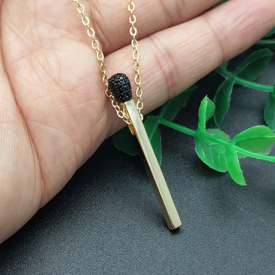Золотые, серебряные, Matchstick, металлические подвески, черный CZ камень, установка спичек, цепочка из нержавеющей стали, ожерелье, модные женские ювелирные изделия