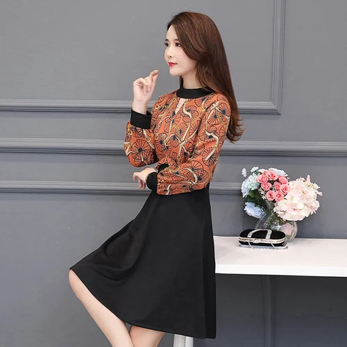 Женское платье с высокой талией длинным рукавом и цветочным рисунком размера