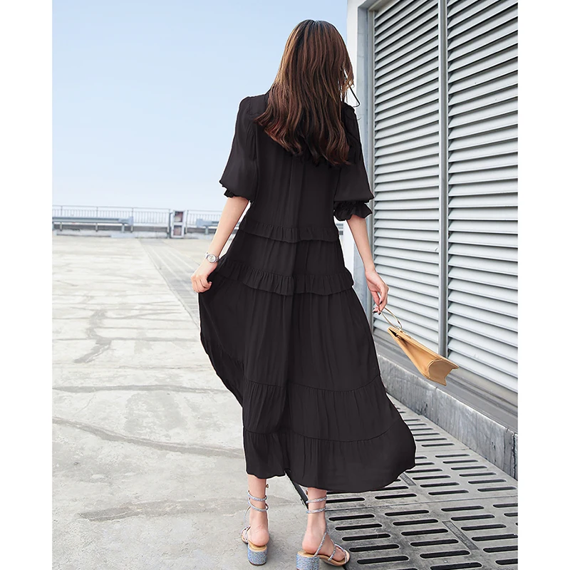 

Spring summer 2019 new women's casual wind V-neck Loose waist chiffon dress lantern sleeves draped ruffled temperament dress m05