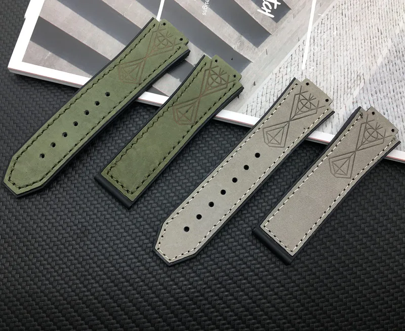 Наручный ремешок из кожи лошади и коровы с резиновым силиконовым наполнителем размером 25*17 мм для часов Hublot, оригинальный логотип в коричневом или черном цвете.