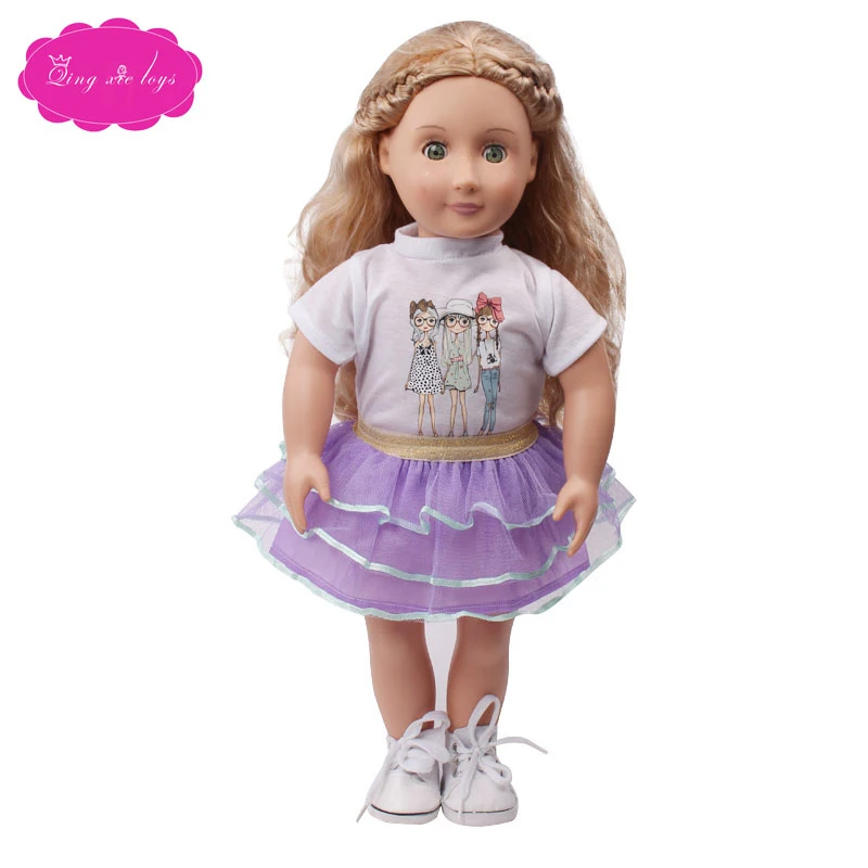 Кукольное платье для девочек 18 дюймов мультяшная Футболка с кружевной юбкой