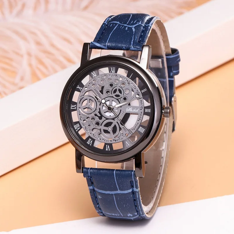 

Fashion Men Hollow PU Belt Lovers Watch Luxury Round Easy To Read Watch Is Not Waterproof