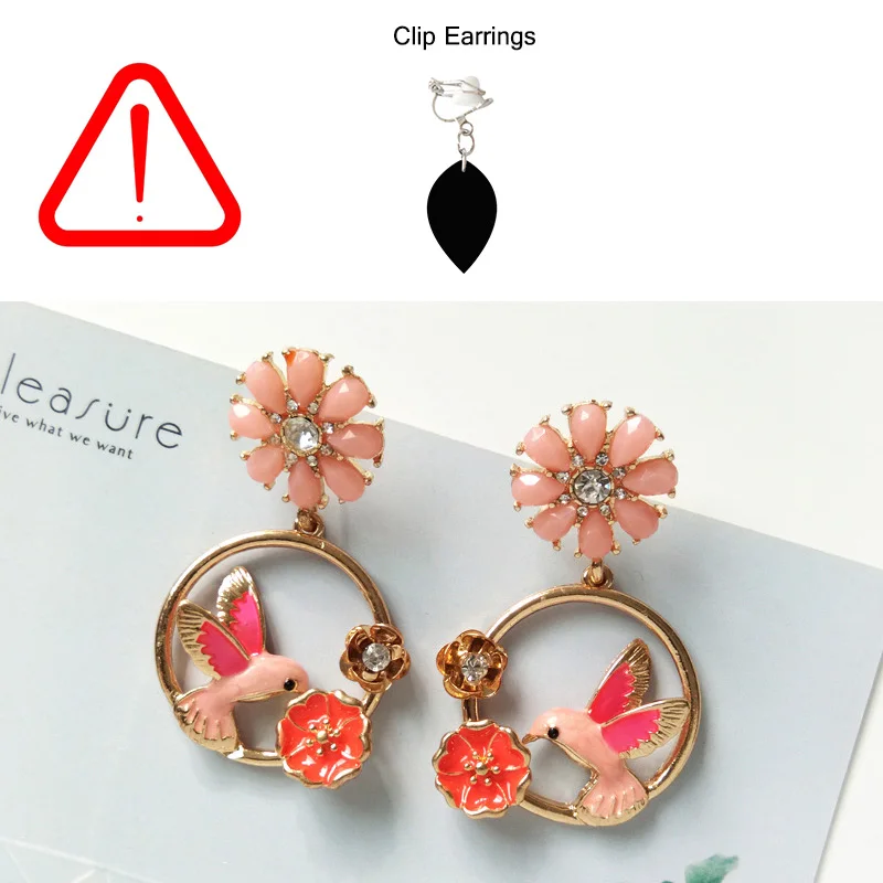 pink clip earring Разноцветные серьги-клипсы в виде цветка розы с натуральным лесом, без отверстия, для пирсинга, Хрустальная Птица на ветке, клипсы, серьги без пирсинга - Окраска металла: pink clip earring