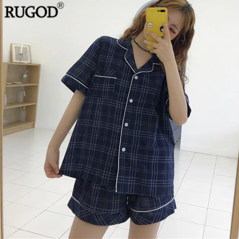 RUGOD Новая Винтажная клетчатая пижама, женская модная рубашка с коротким рукавом+ шорты, комплект из двух предметов, одежда для сна, Повседневная пижама