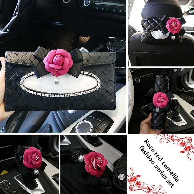 Серия Camellia, наборы, аксессуары для салона автомобиля, кожаный чехол на руль, авто Кристалл, подголовник, подушки, коробка для салфеток, подлокотник