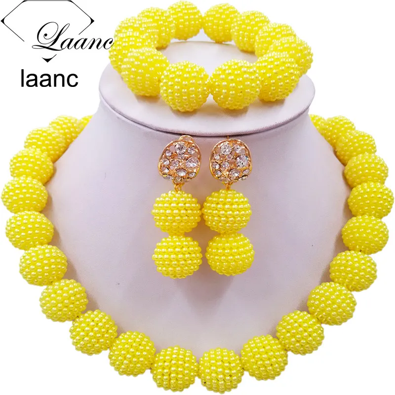 

Laanc Yellow Simulated Pearl Beads African Jewelry Set Nigerian Wedding Necklace SP1R012