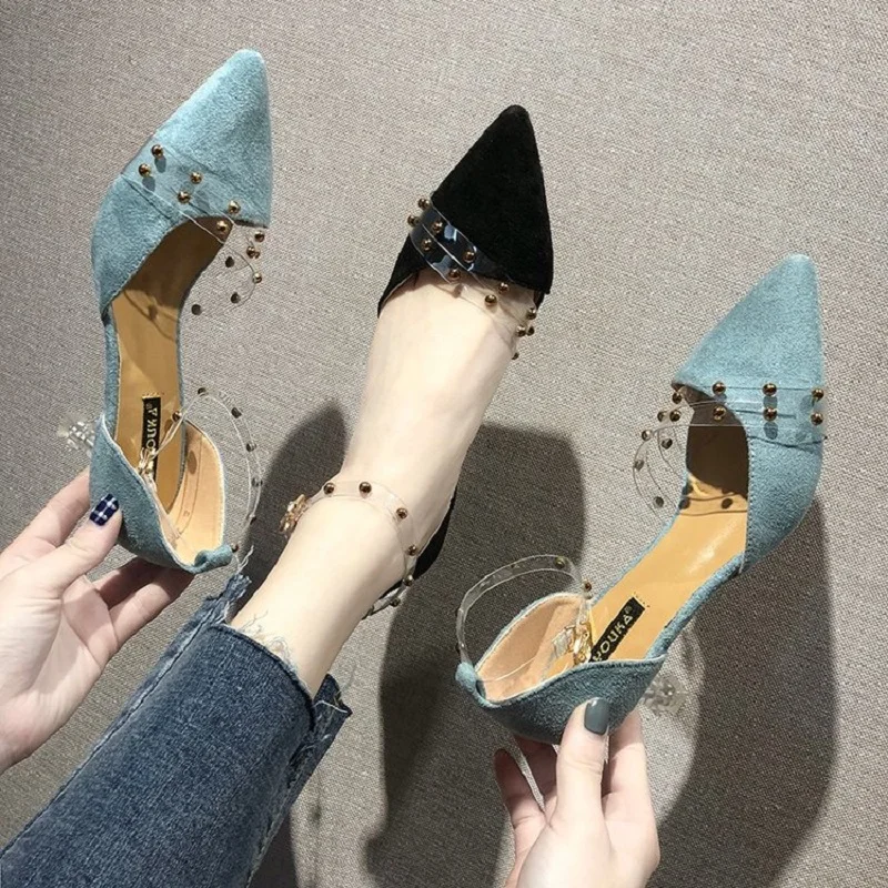 Весенняя замшевая прозрачная пленка ПВХ полый заостренный Высокий каблук Пряжка