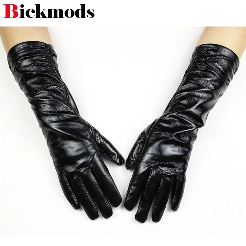 36cm Elastic style Настоящие новые Guantes длинные кожаные перчатки женские из овчины локоть лакированная бархатная подкладка Теплые щитки для рук - Цвет: 36cm Elastic style