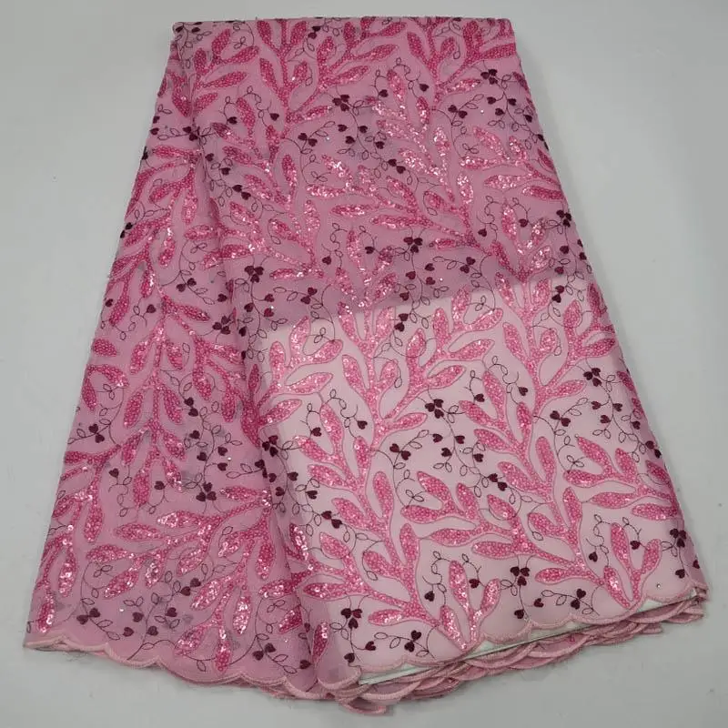 

Top Sale leaf pattern organza lace pink color African Swiss lace fabric with Lots of Sequins for wedding dress ML6774