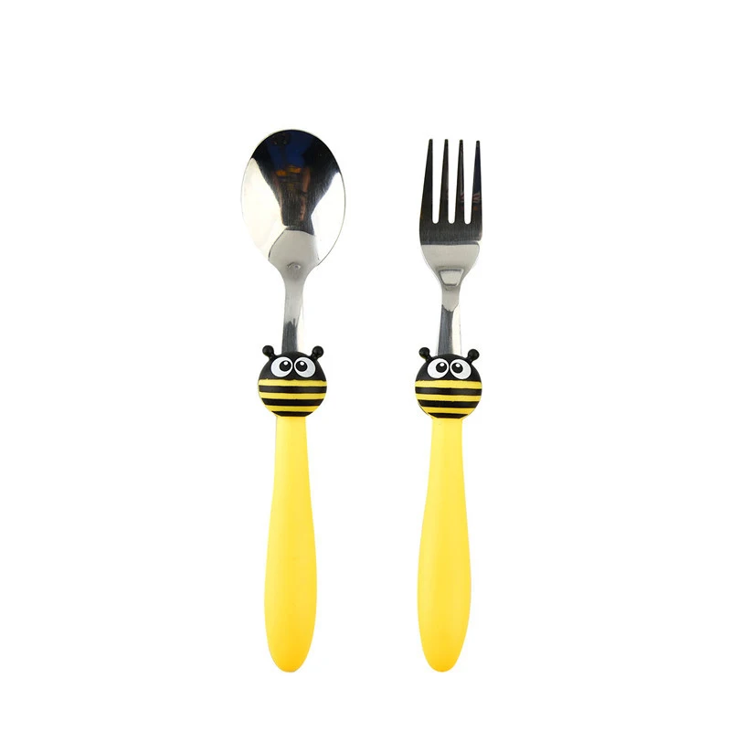 yellow 2 шт./компл. набор ложек и вилок из нержавеющей стали мультяшная кукла «божья коровка» наборы посуды портативные детские столовые приборы посуда для детей - Цвет: yellow