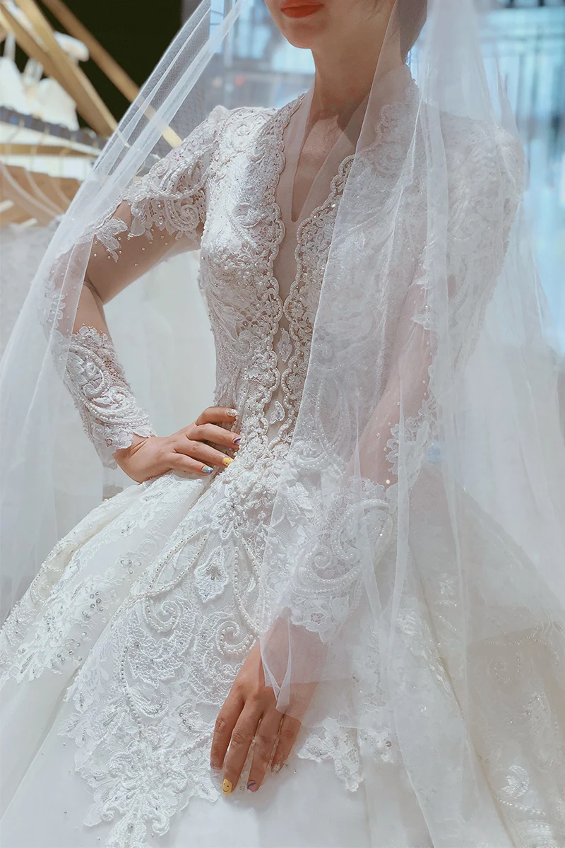 Элегантное мусульманское свадебное платье с длинным рукавом и v образным вырезом