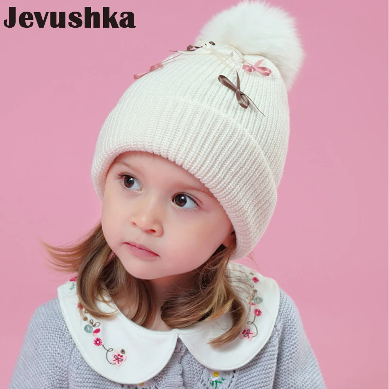 Шапка с помпоном из натурального Лисьего меха зимняя детская шапка вязаная и