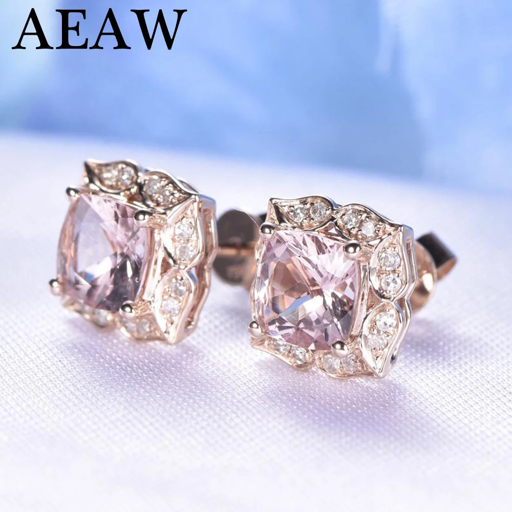 Твердые 14 к розовое золото 5 мм подушки легкие розовые Moissanite& Morganite серьги гвоздики для женщин элегантный подарок на день рождения ювелирные украшения