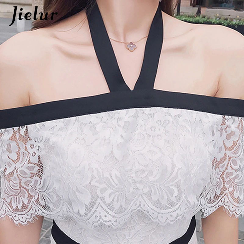 Jielur кружевное открытыми плечами платье для женщин плащ с лямкой на шее рукава Белый Корейский сладкий элегантный модный халат платье женское vestidos mujer
