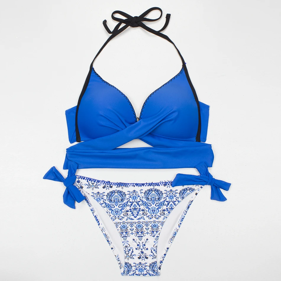 Женское бикини с пуш апом ESSV сексуальное перекрещенными завязками на шее пляжный