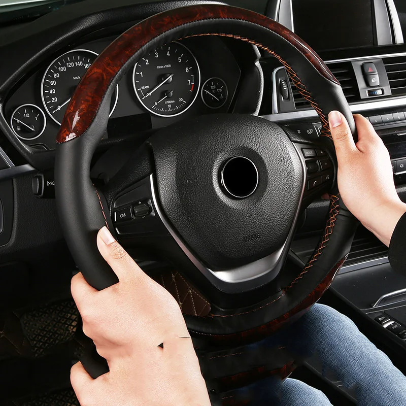 

DIY Car Braid Leather with Wood Steering Wheel Cover Hand Sewing Auto Wheels Covers Case with Needle and Thread Universal