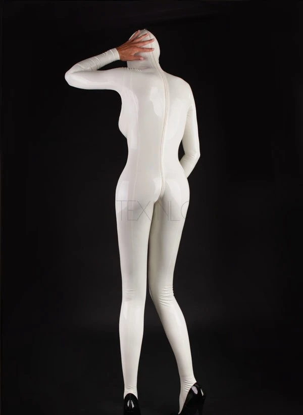 Сексуальные белые женские латексные костюмы резиновые Боди с молнией сзади