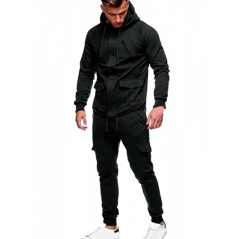 black Laamei новые весенние мужские комплекты из 2 предметов модный однотонный мужской свитер+ брюки спортивные костюмы повседневные Карманы на шнурке спортивная одежда - Цвет: black