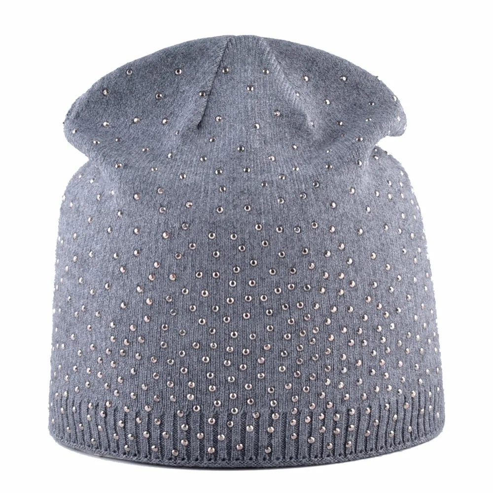 Повседневная Осенняя вязаная шерстяная шапка Skullies, женские шапочки, дамские Стразы, зимние шапки для женщин, тюрбан gorros
