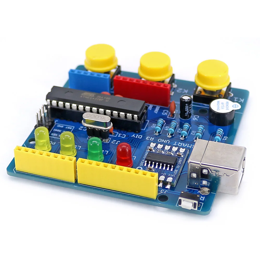 Открытый Смарт UNO R3 DIY ATmega328P макетная плата CH340 драйвер пайки части комплект с зуммер светодиодный кнопка для Arduino UNO r3-b