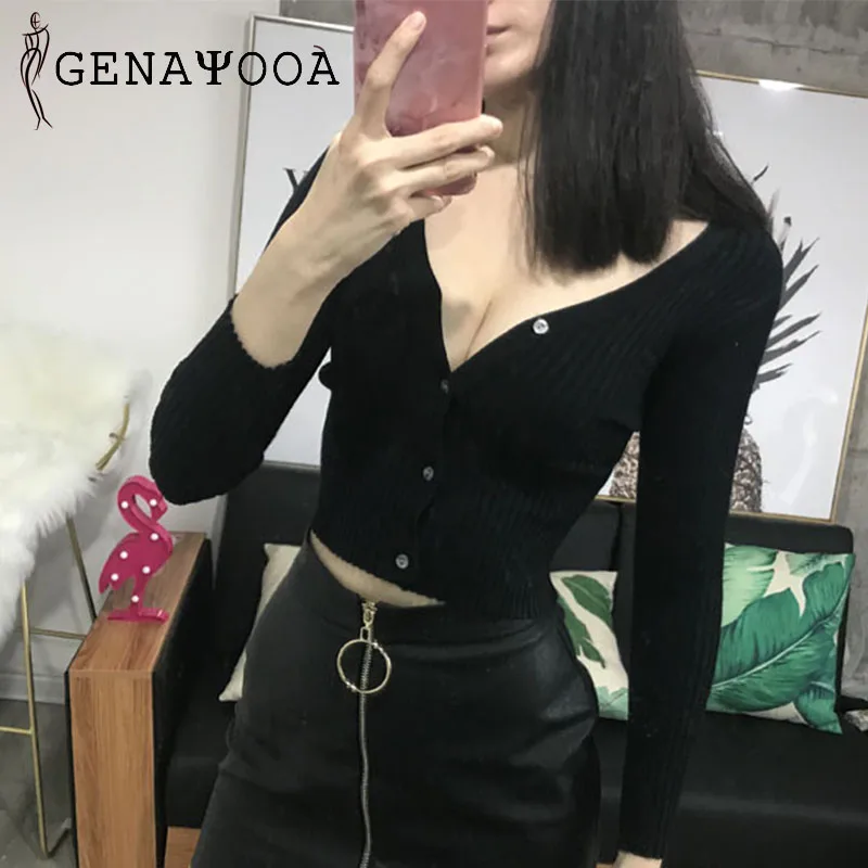 Укороченный кардиган сексуальный вязаный свитер с v образным вырезом