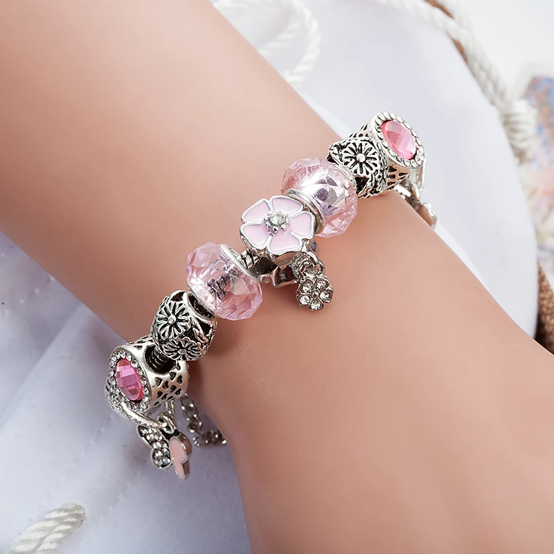 ANNAPAER 2019 новый дизайн фиолетовый эмалевый цветок браслеты и бабочки Шарм Бусины