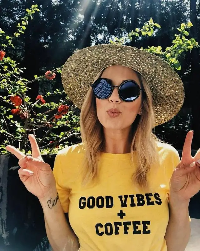 

Sugarbaby Good Vibes + Coffee Yellow Gold Tee Good Vibes Only Coffee T shirt Coffee gift Short Sleeve Fashion T shirt Drop ship