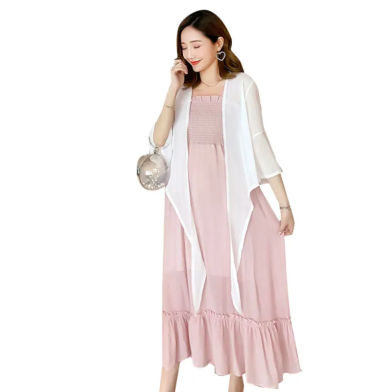 Летнее платье на бретельках для беременных Одежда шифоновое с оборками