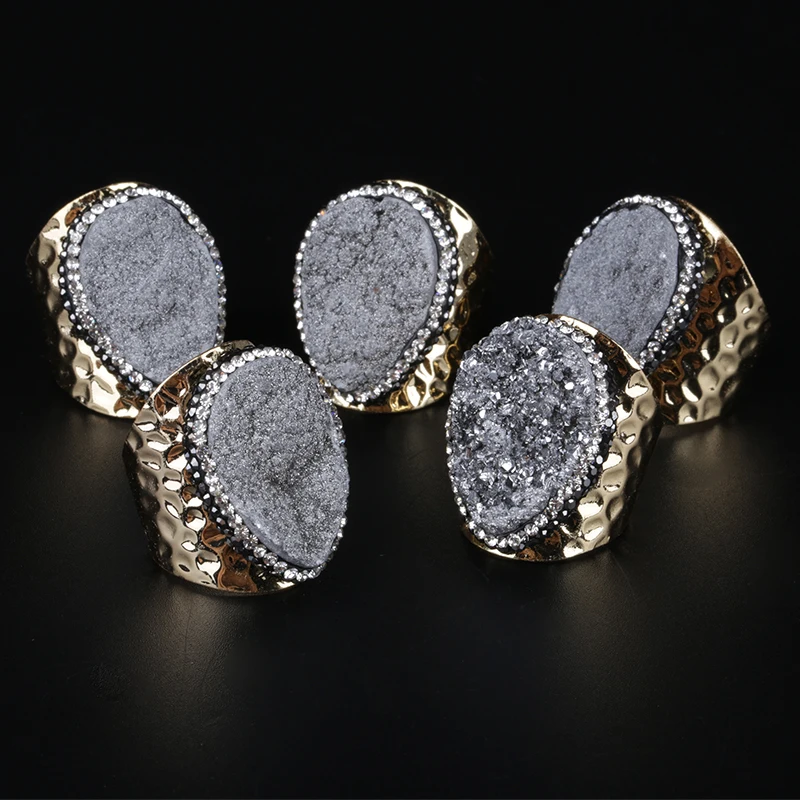 big water tear drop multi colors rough druzy stone bead charm pave rhinestone wide wrap hammered gold open rings cuff for women | Украшения
