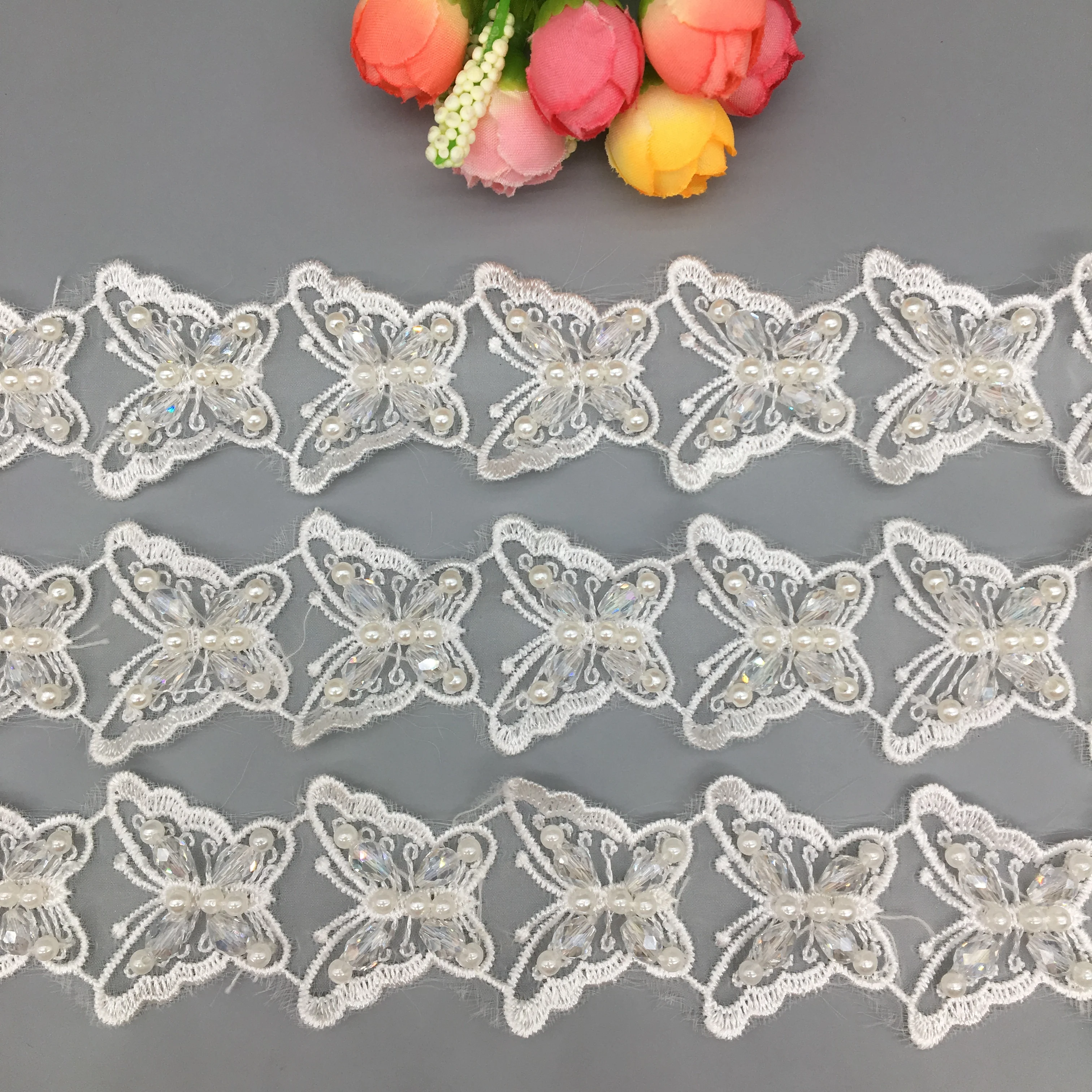 20x нигерийская кружевная ткань 3D жемчужина бабочка вышитая отделка бисером лента